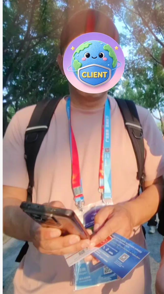 A buyer photographing our business card outside the Canton Fair Complex, October 2026